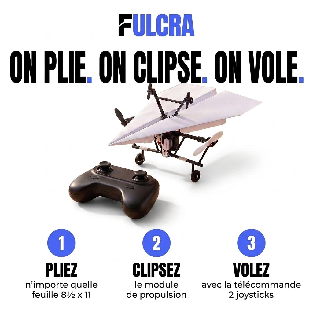 On plie, on clipse, on vole : pliez une feuille 8½ x 11, clipsez le module de propulsion, volez avec la télécommande 2 joysticks