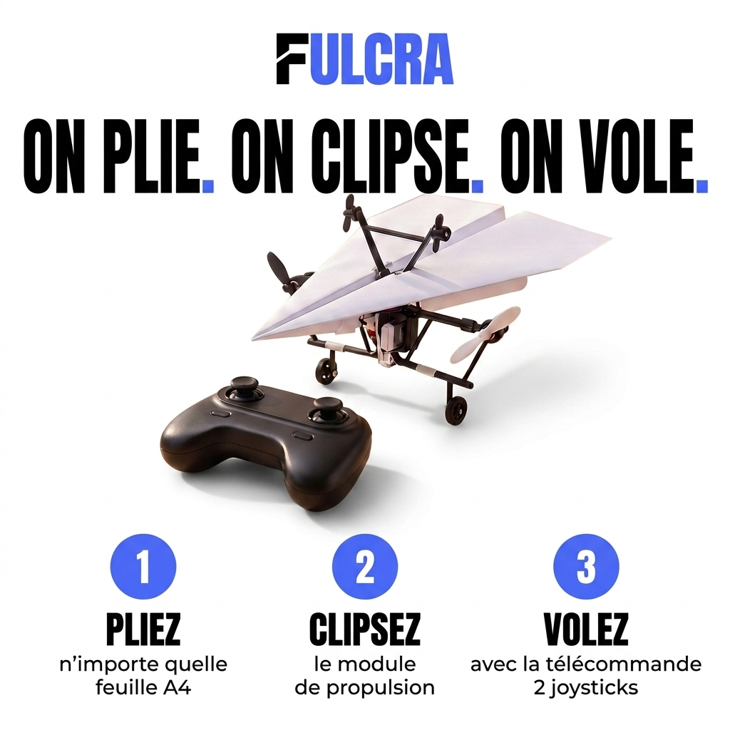 On plie, on clipse, on vole : pliez une feuille A4, clipsez le module de propulsion, volez avec la télécommande 2 joysticks