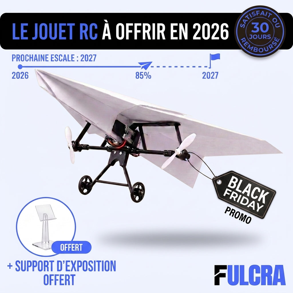 Fulcra Plane, l'avion en papier télécommandé : Black Friday, support d'exposition offert, satisfait ou remboursé 30 jours