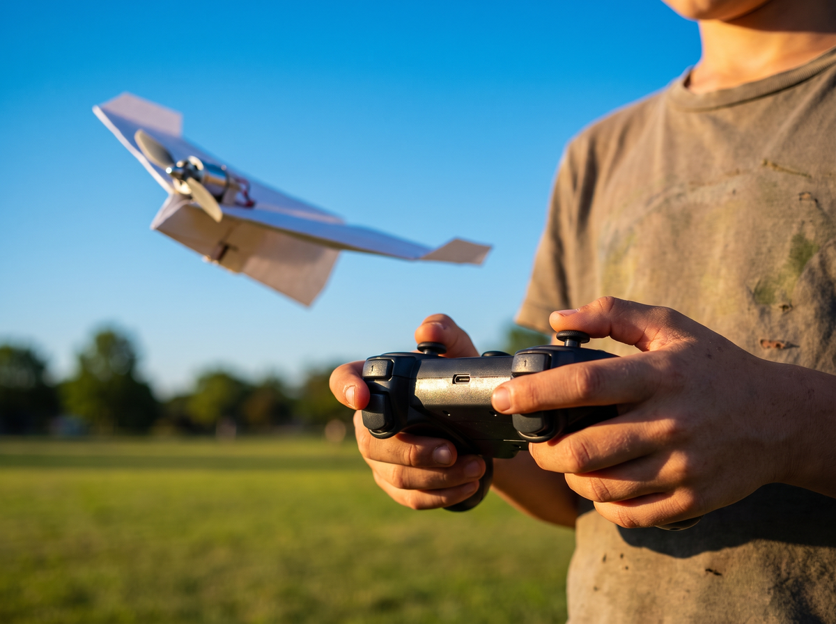 Les pouces d'un garçon sur les deux joysticks de la télécommande
