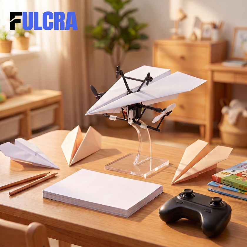 Fulcra Plane sur son support d'exposition, sur un bureau d'enfant avec des avions en papier et la télécommande
