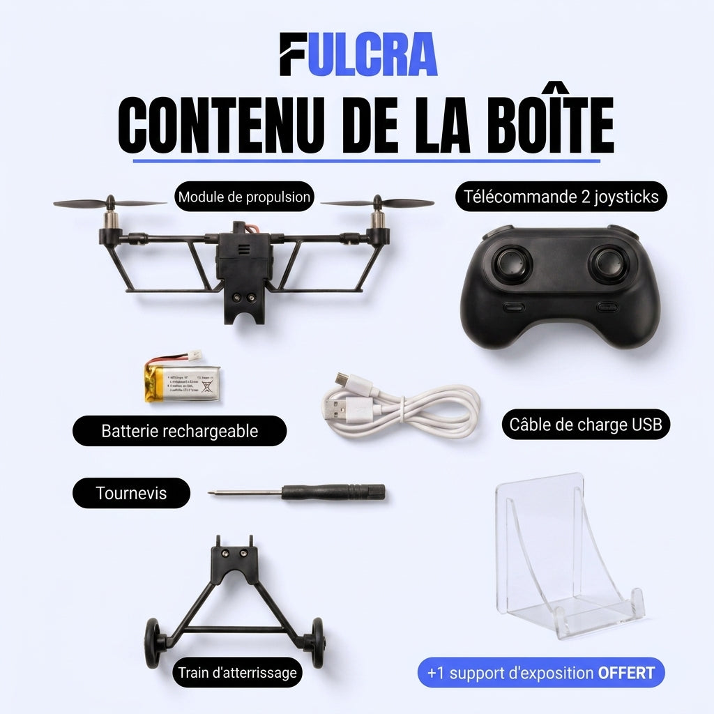 Contenu de la boîte Fulcra Plane : module de propulsion, télécommande 2 joysticks, batterie, câble USB, tournevis, train d'atterrissage, support offert